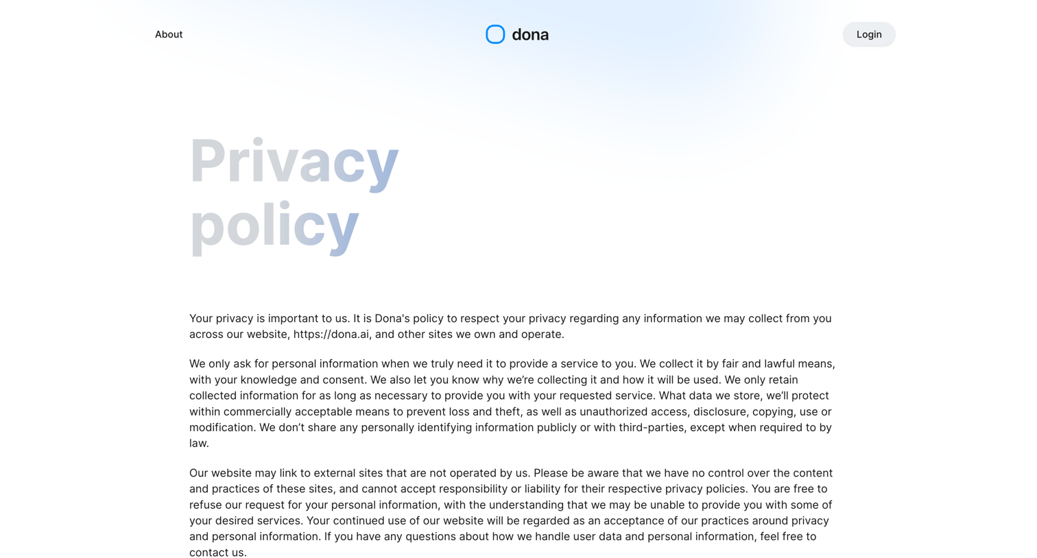 Dona - Privacy policy - Dona screen