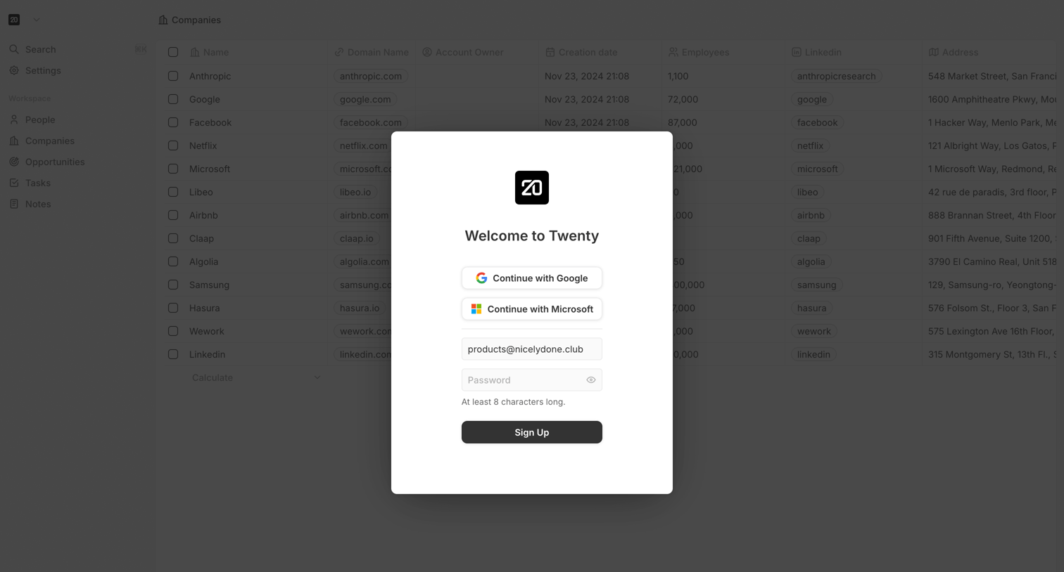 Twenty - Sign in or Create an account screen