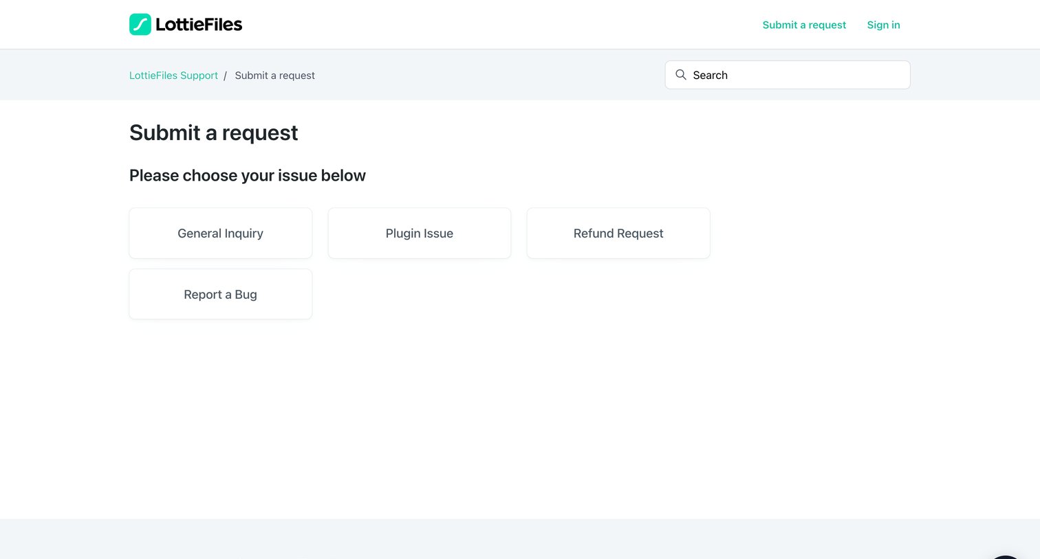 Lottie - Submit a request – LottieFiles Support screen