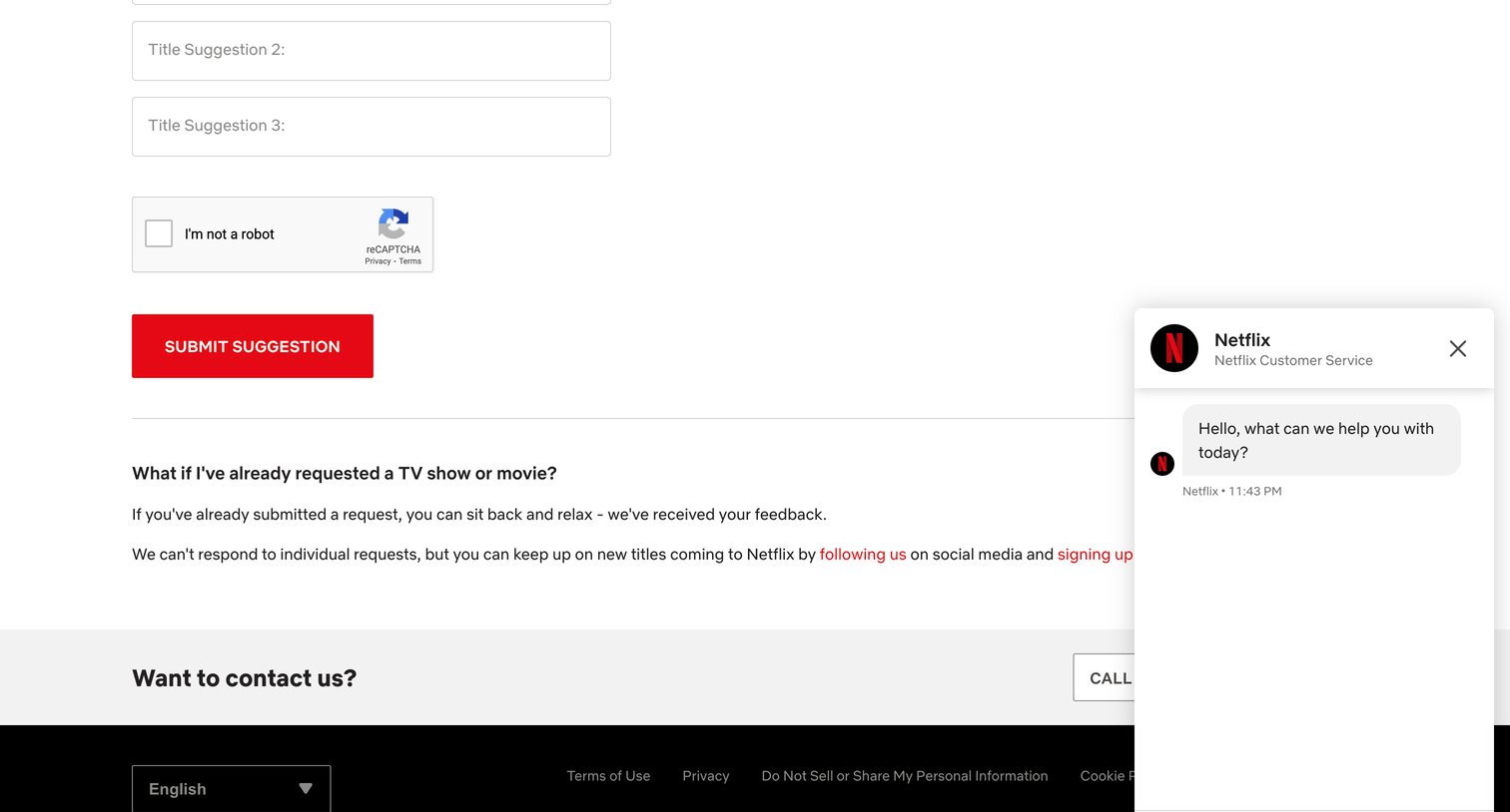 Netflix - Request TV shows or movies screen