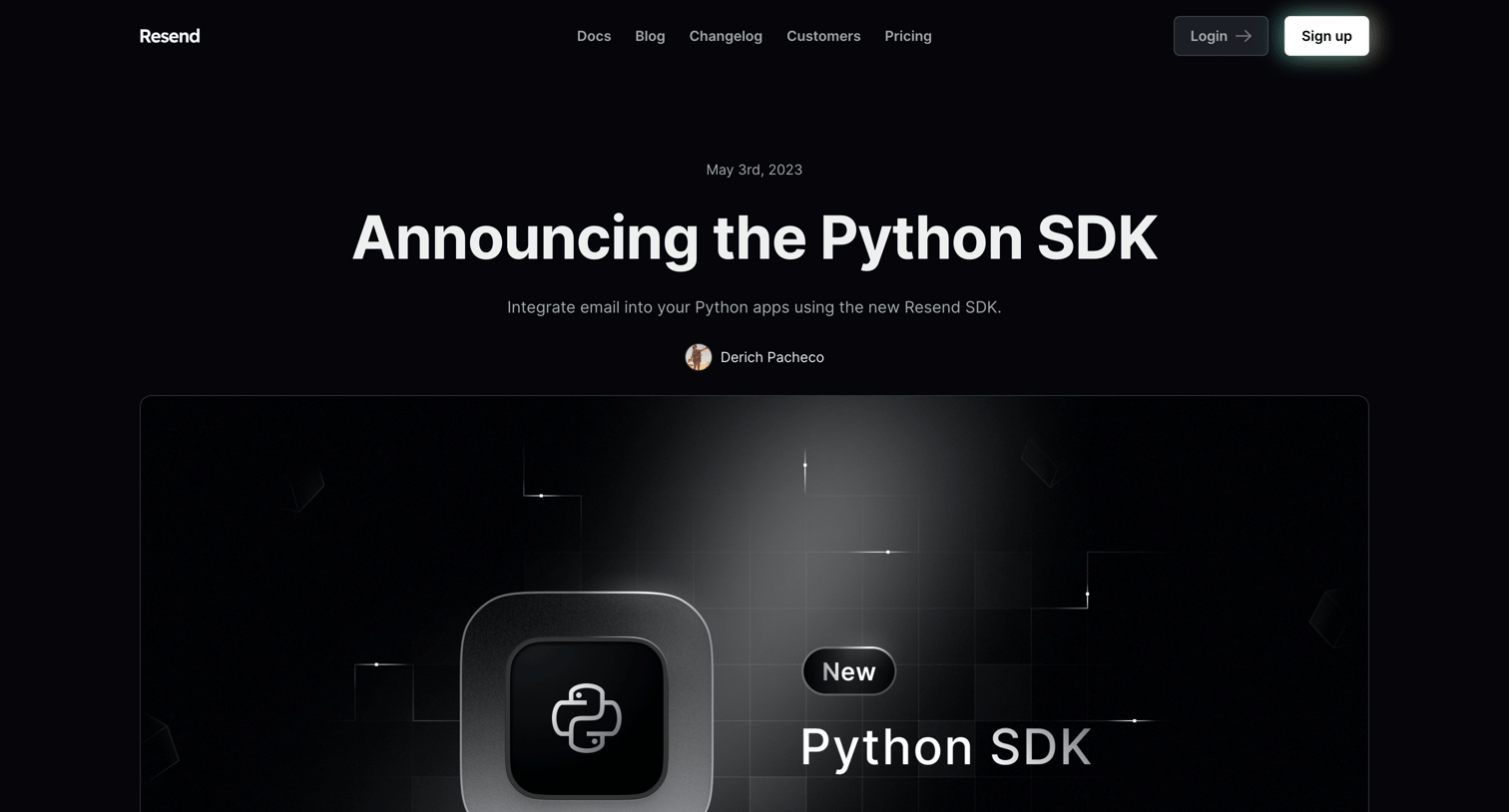 Resend - Announcing the Python SDK · Resend screen