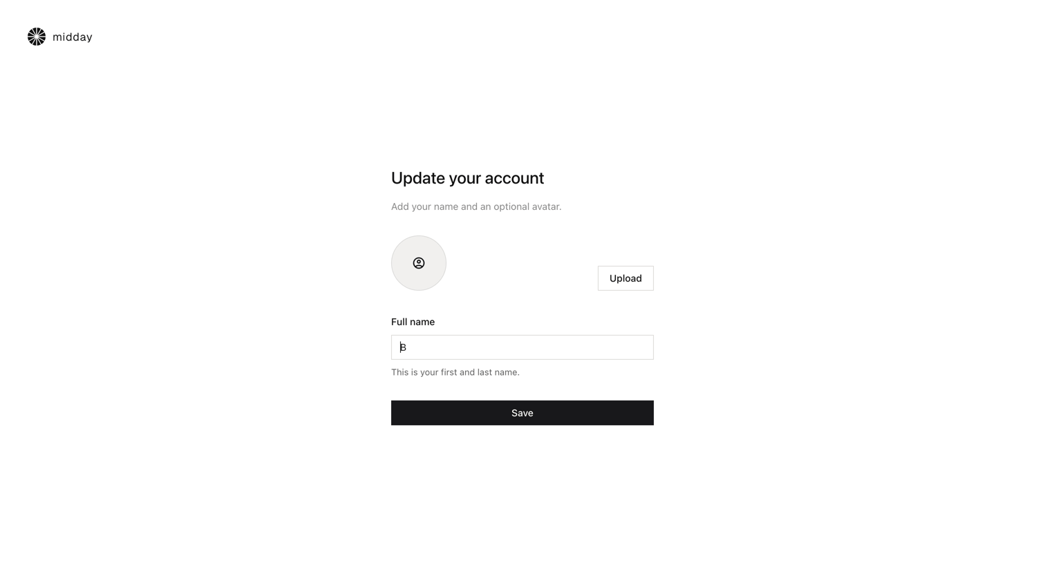 Midday - Setup account | Midday screen
