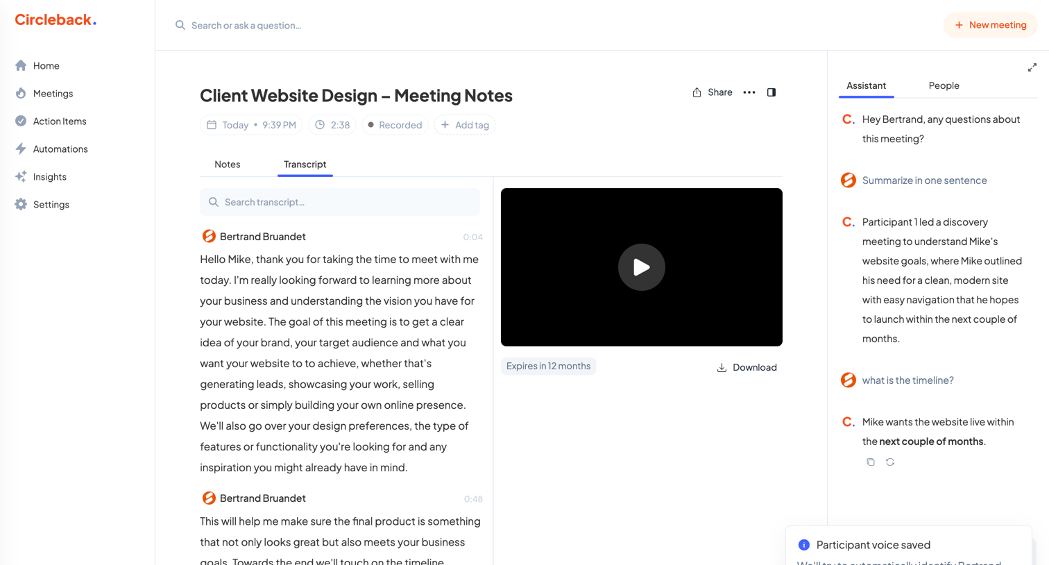 Circleback - Client Website Design – Meeting Notes - Circleback screen