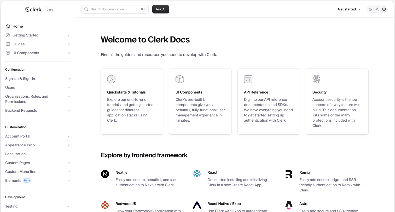 Clerk - Welcome to Clerk Docs screen