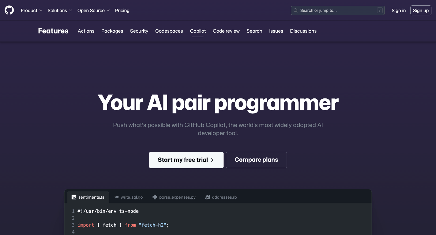 Github - GitHub Copilot · Your AI pair programmer · GitHub screen