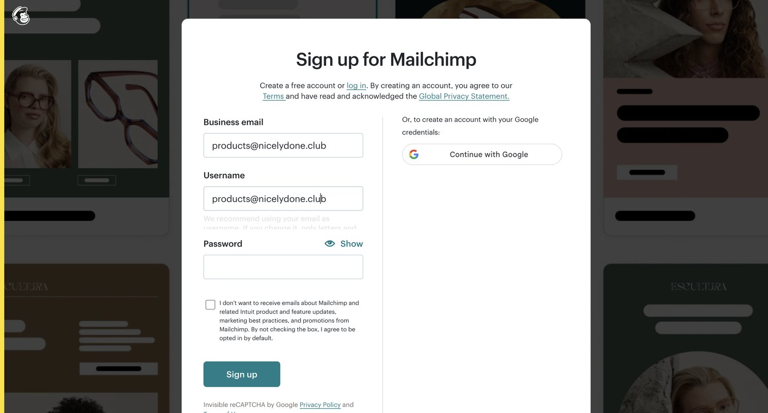 Mailchimp - Sign Up for Mailchimp screen