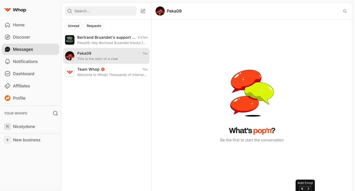 Whop - Peka09 | Messages | Whop screen