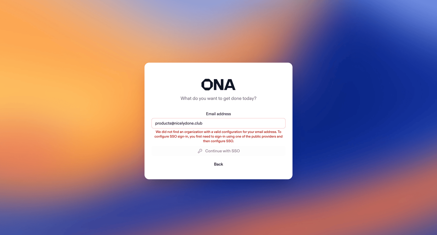 Ona - Login | Ona screen