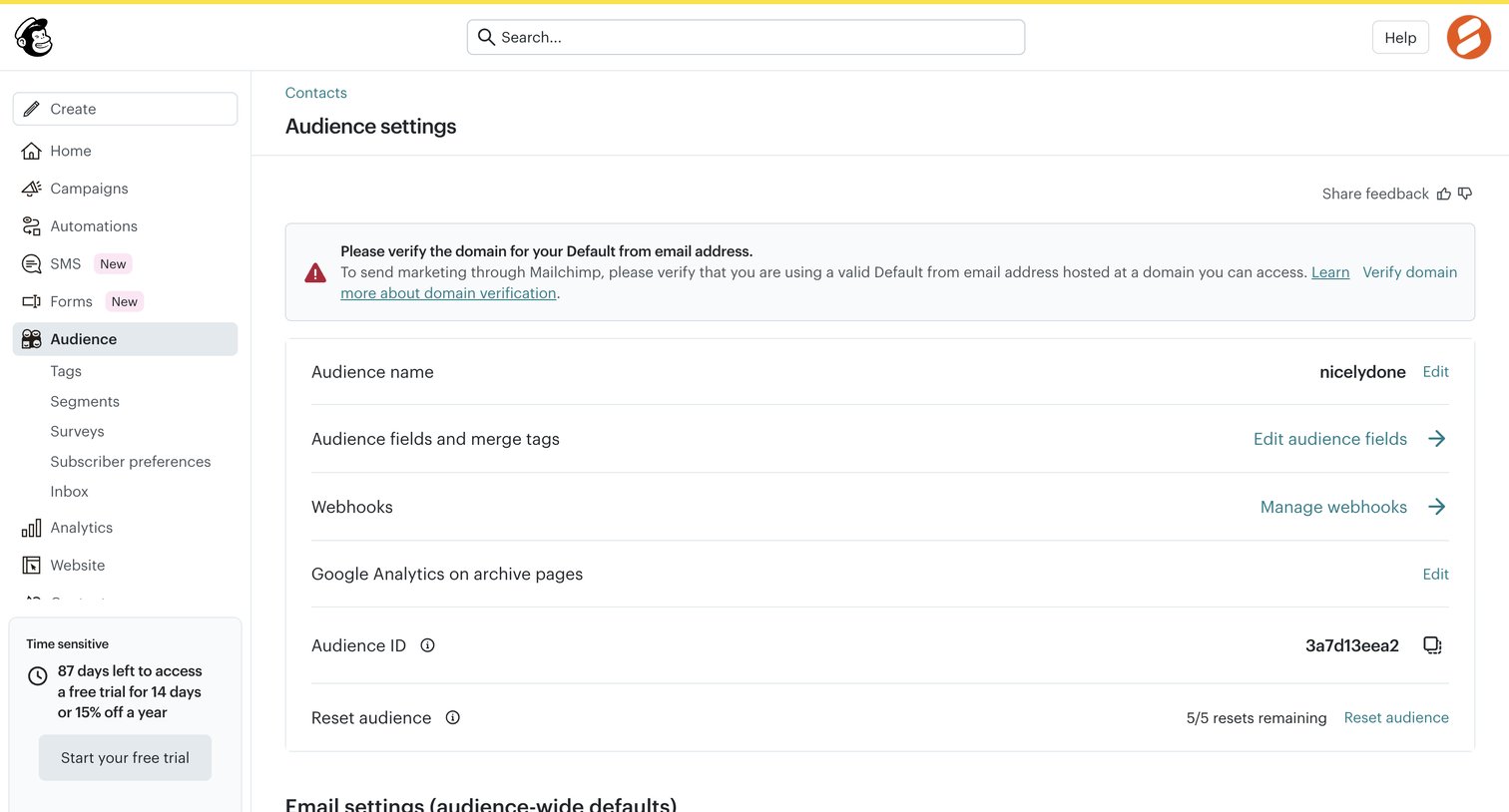 Mailchimp - Audience settings | Mailchimp screen