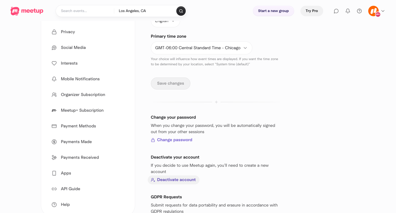 Meetup - Account management screen