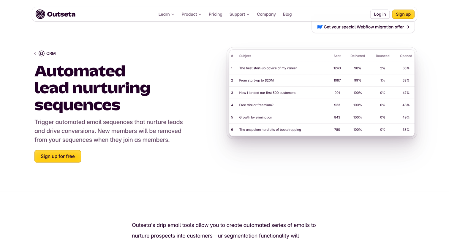 Outseta - Automated lead nurturing sequences  Outseta screen