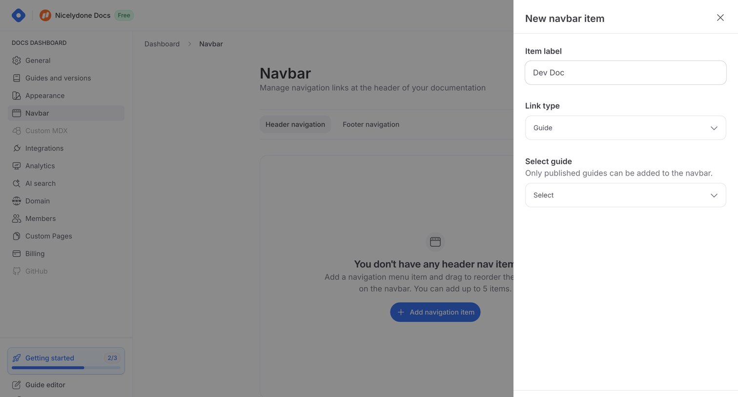 Hashnode - Docs Dashboard - Navbar screen