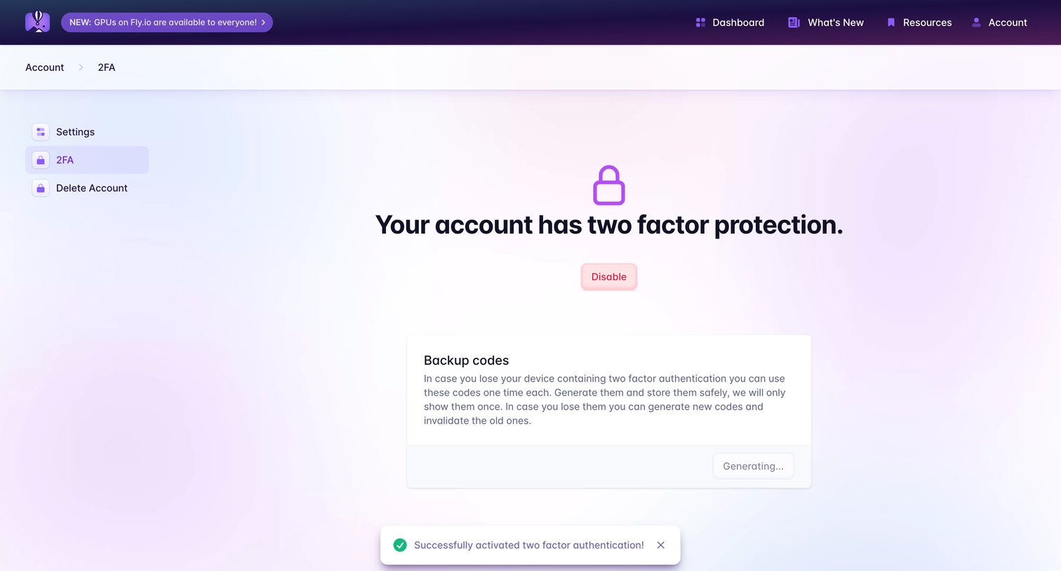 Fly - Two Factor Authentication · Fly screen