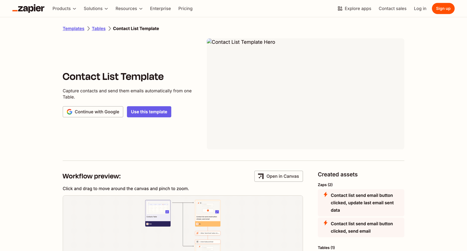 Zapier - Contact List Template Zapier screen
