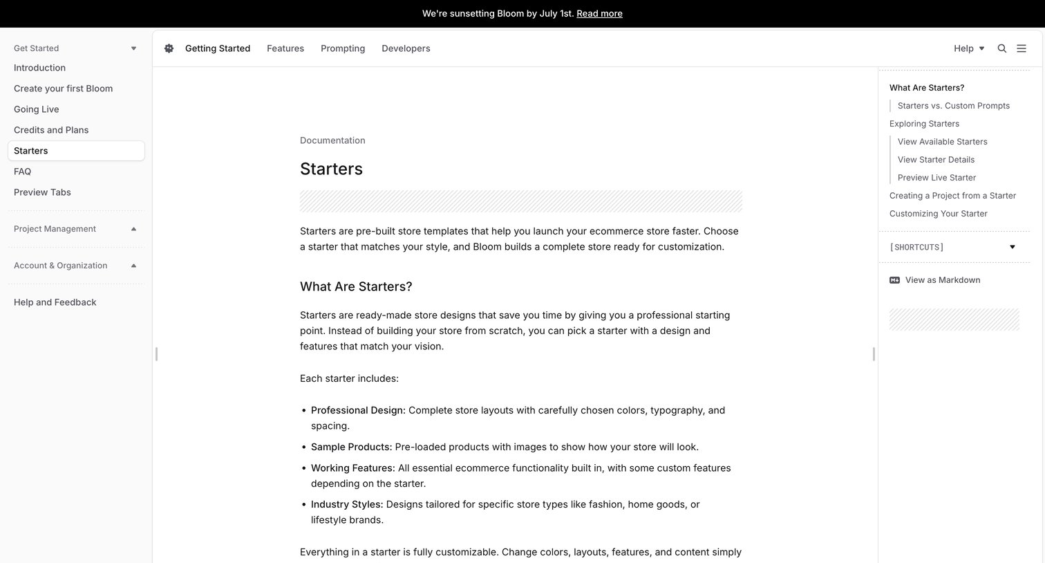 Bloom - Starters - Bloom Documentation screen