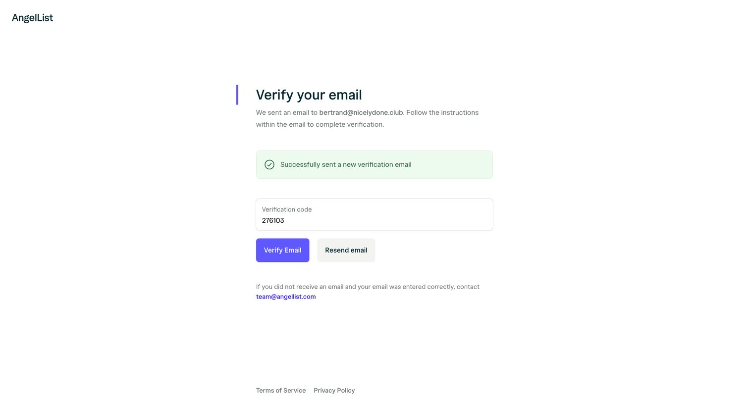 Angellist - Email Verification | AngelList screen