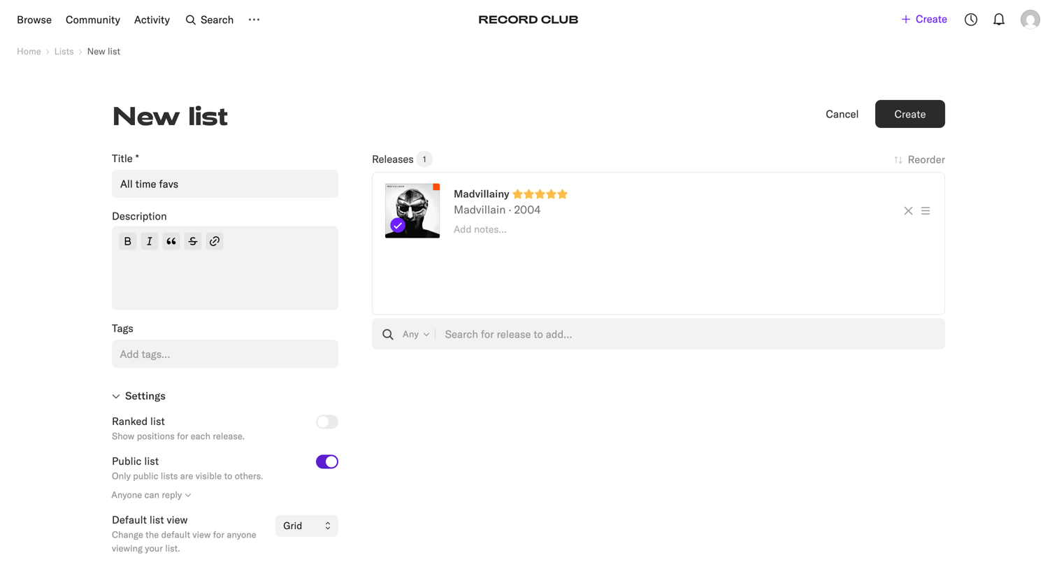 Record club - Create a new list – Record Club screen