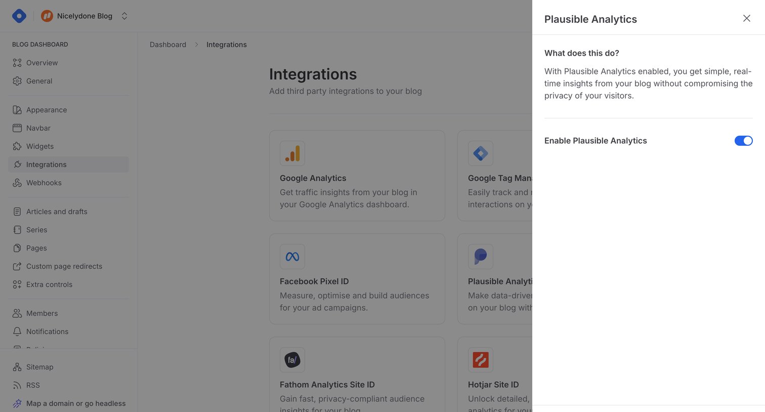 Hashnode - Dashboard - Integrations screen