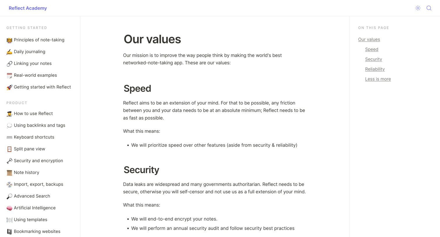 Reflect - Our values screen
