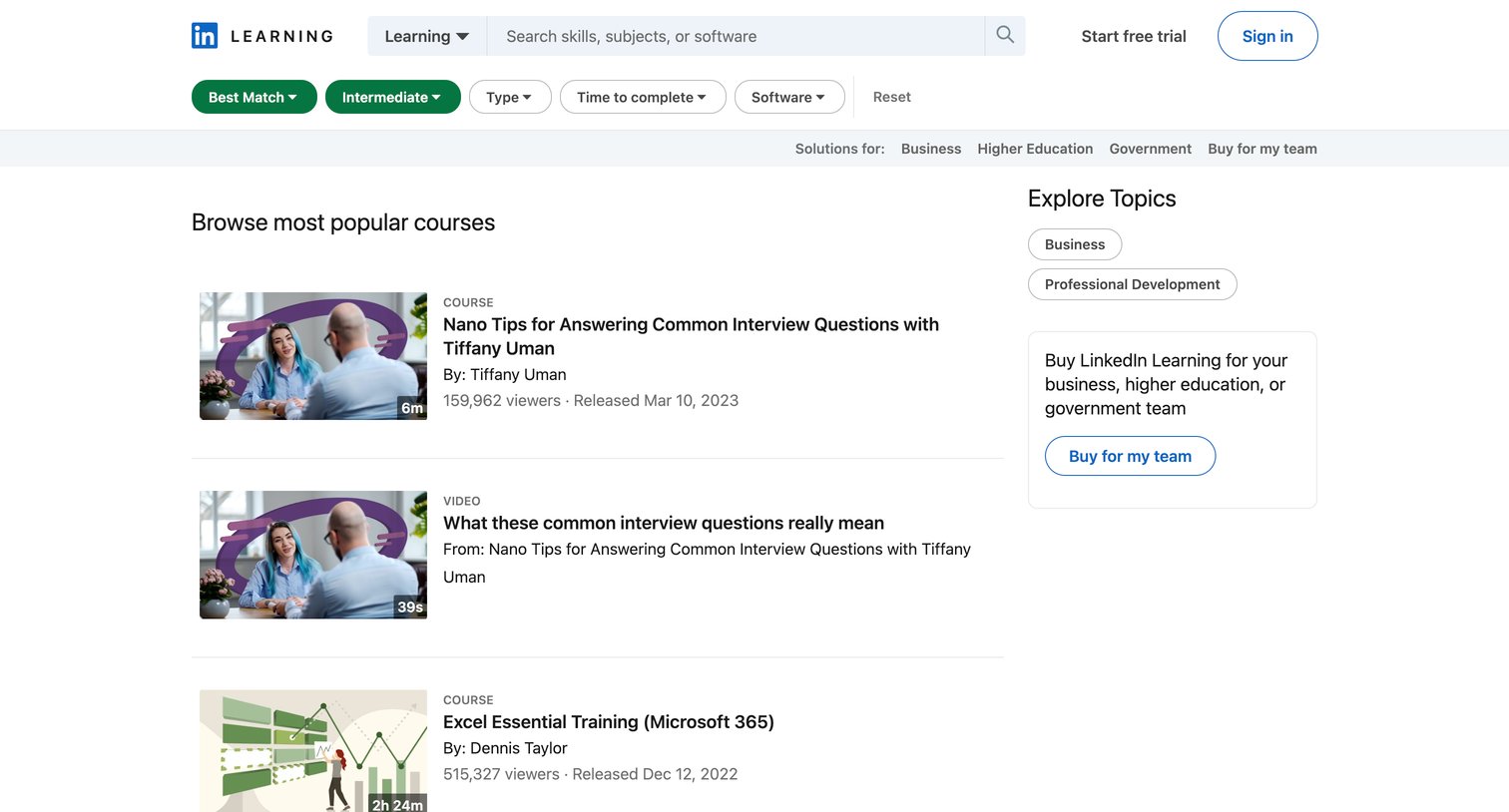 Linkedin - Online Courses, Training and Tutorials on LinkedIn Learning screen