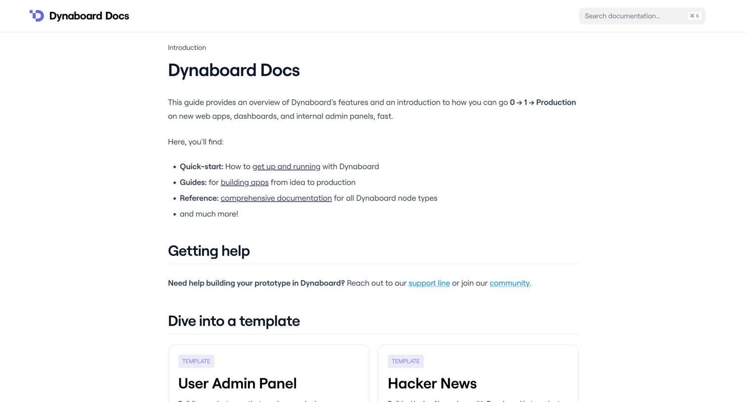 Dynaboard - Dynaboard Docs screen