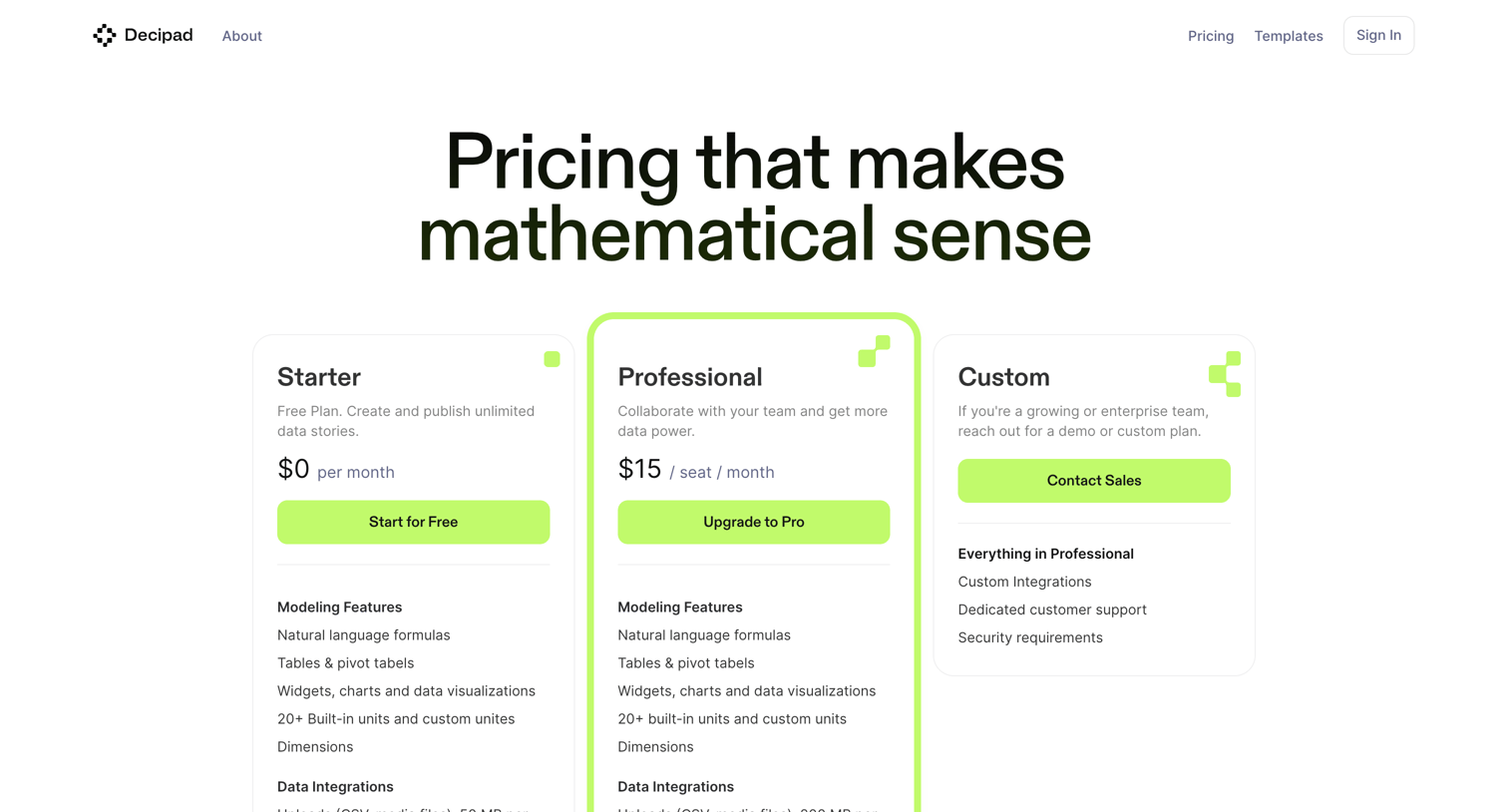 Decipad - Pricing screen