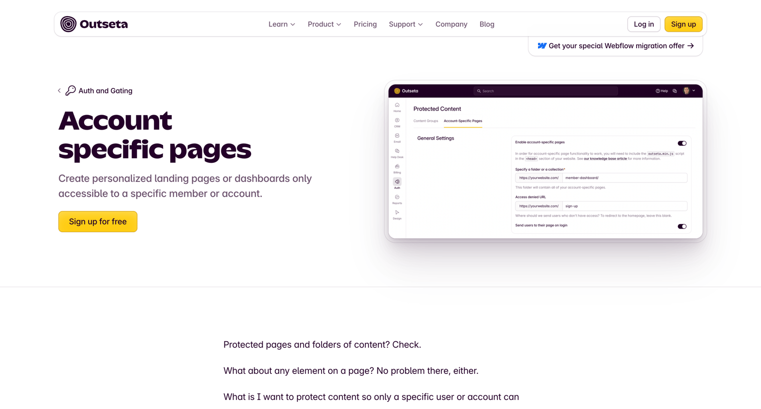 Outseta - Account specific pages  Outseta screen