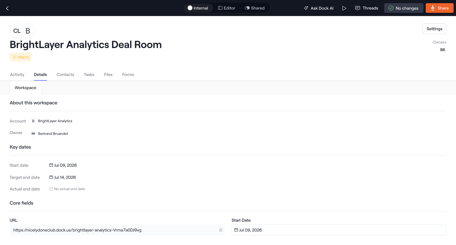 Dock - Internal · BrightLayer Analytics Deal Room screen