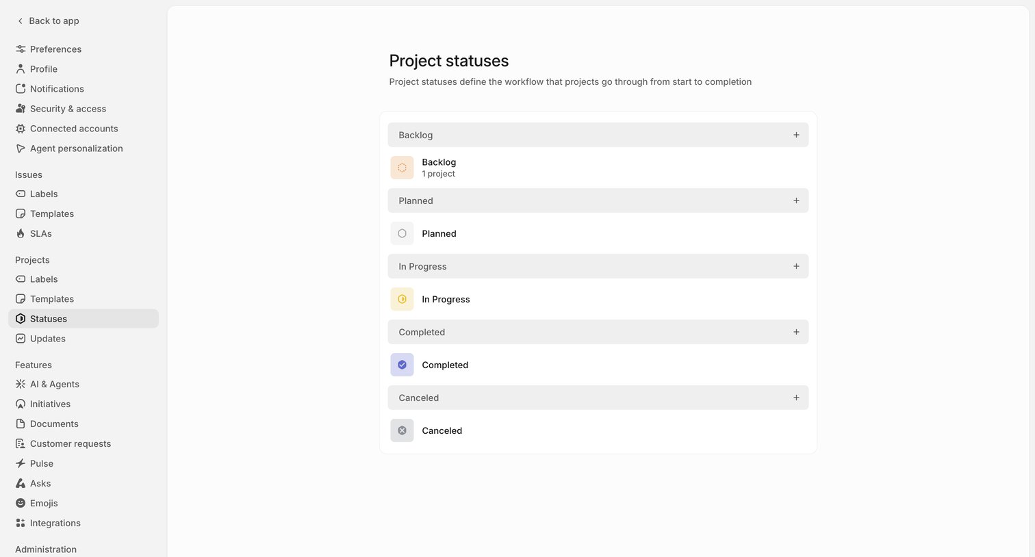 Linear - Statuses screen