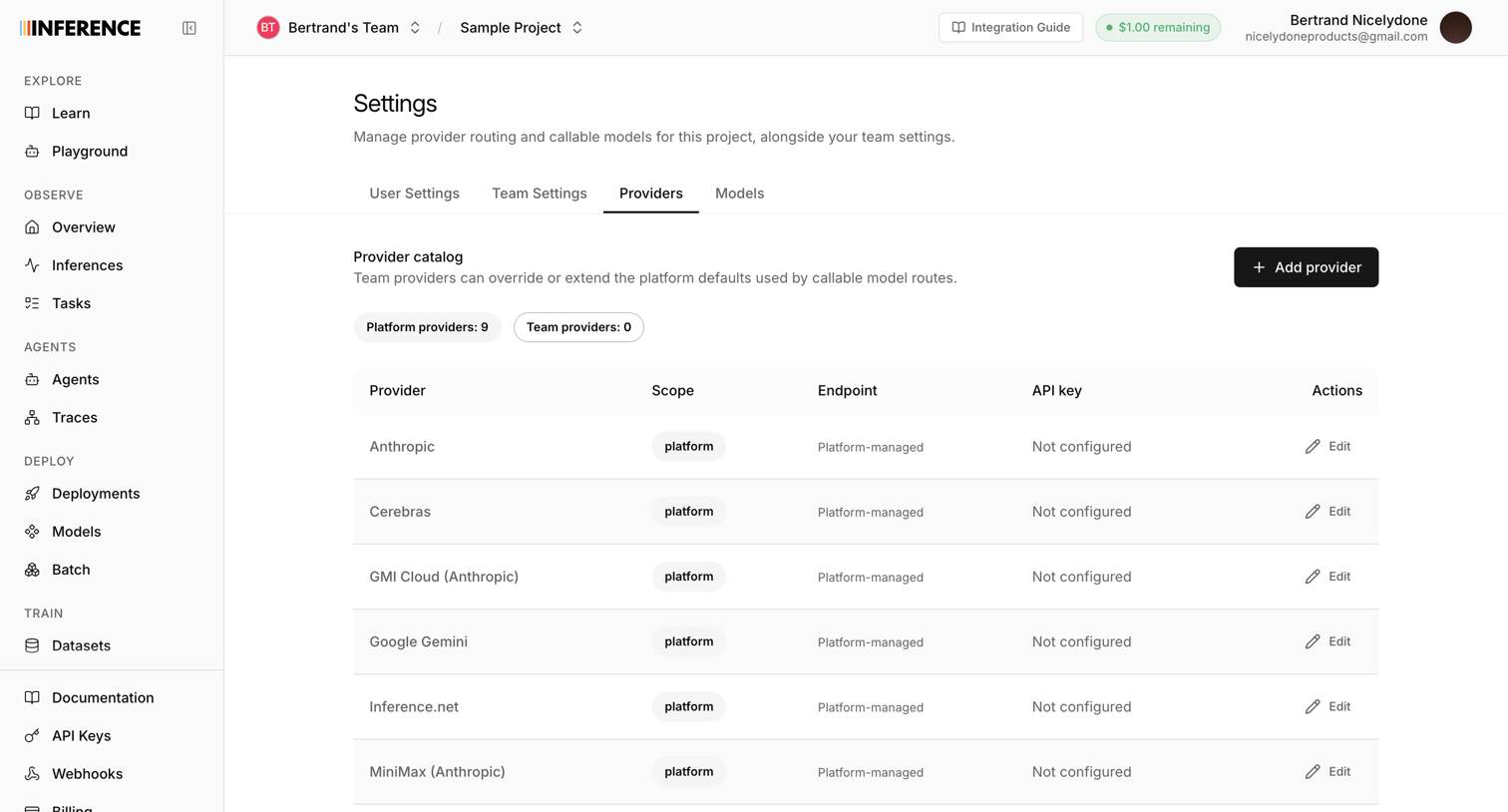 Inference - Settings | inference.net screen