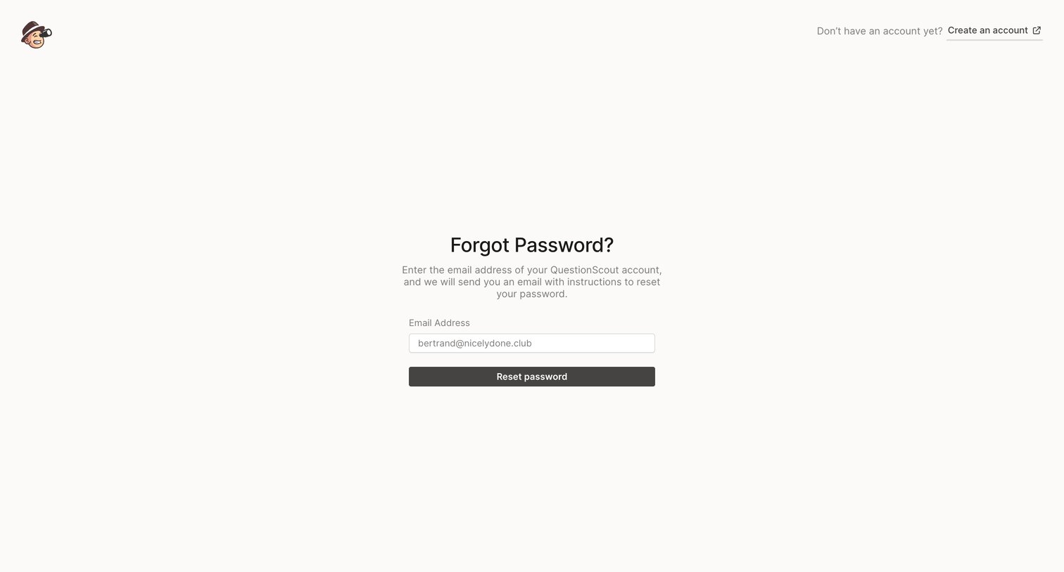 QuestionScout - Restore Password - QuestionScout screen