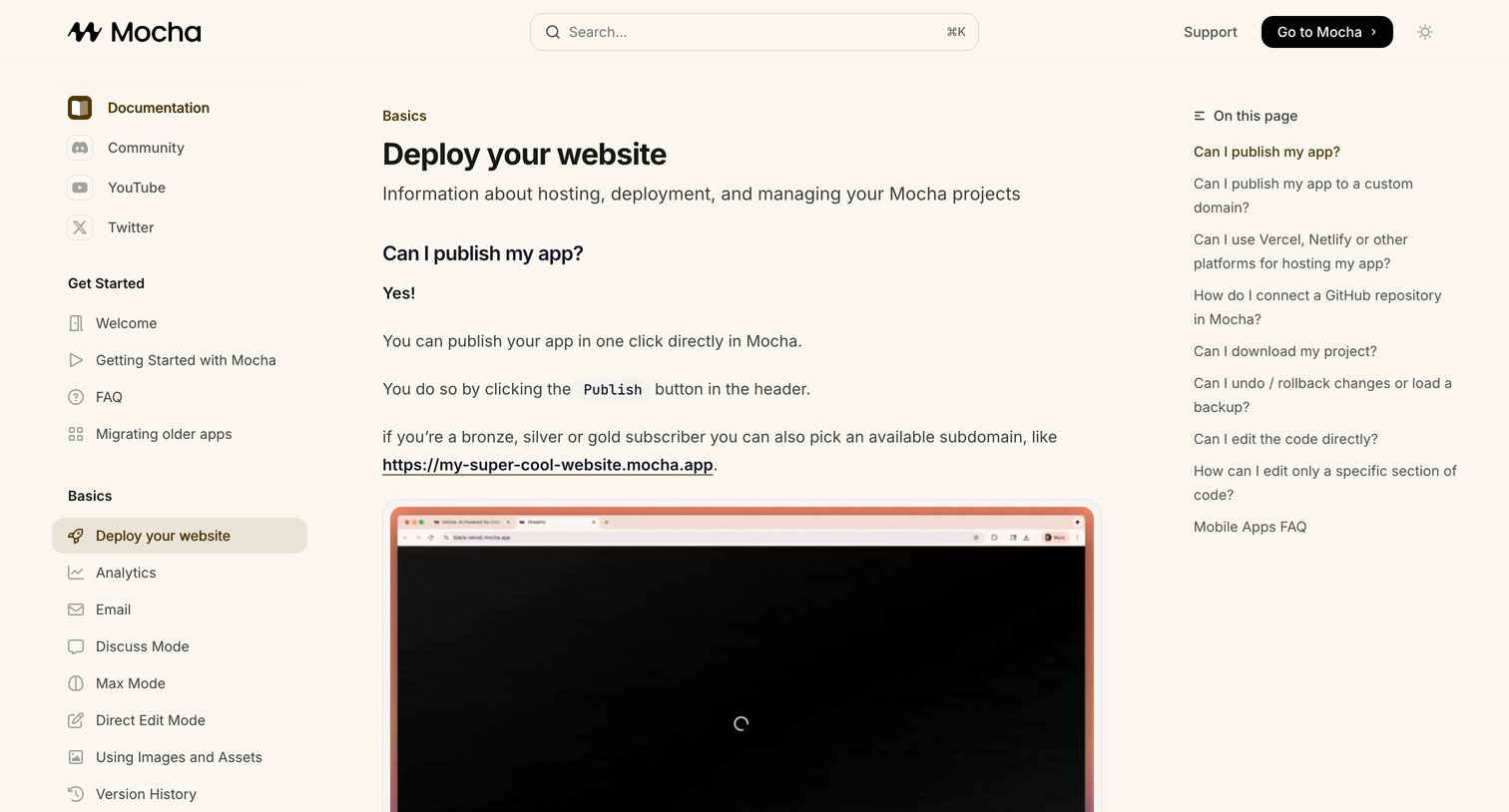 Mocha - Deploy your website - Mocha screen