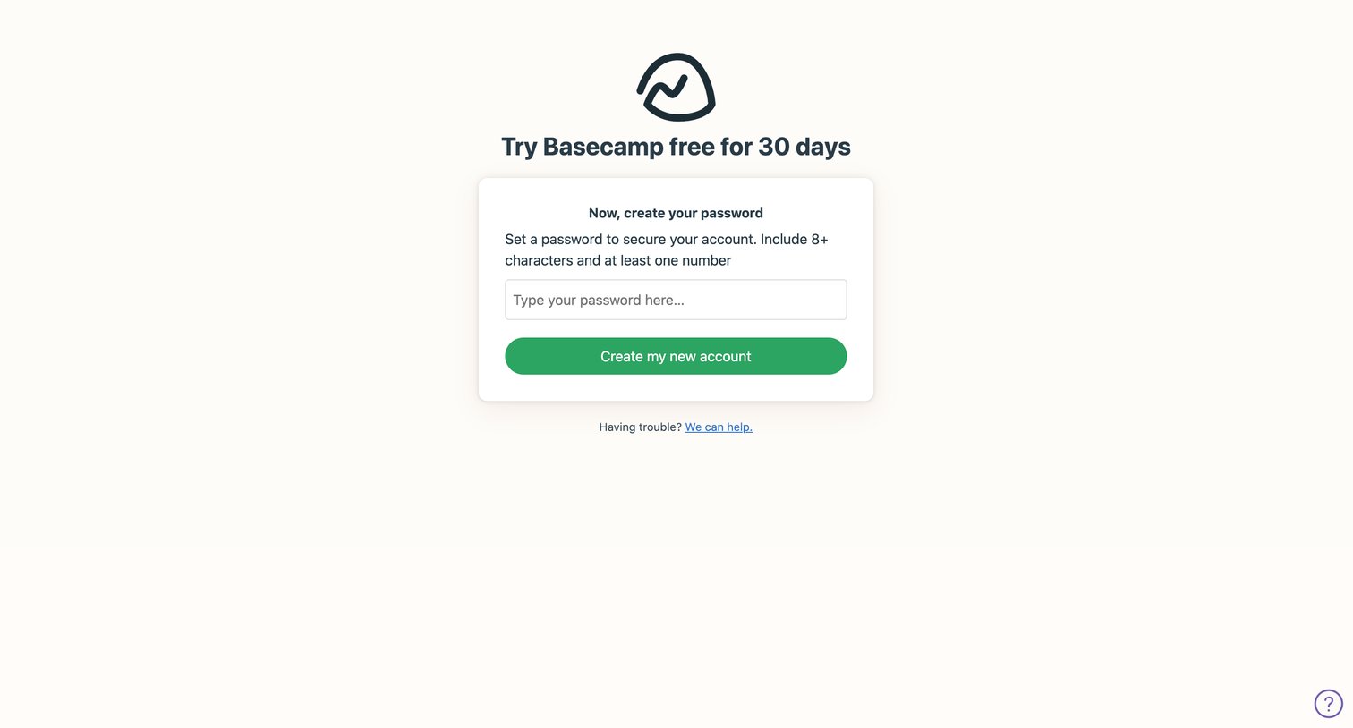 Basecamp - Sign up for Basecamp screen