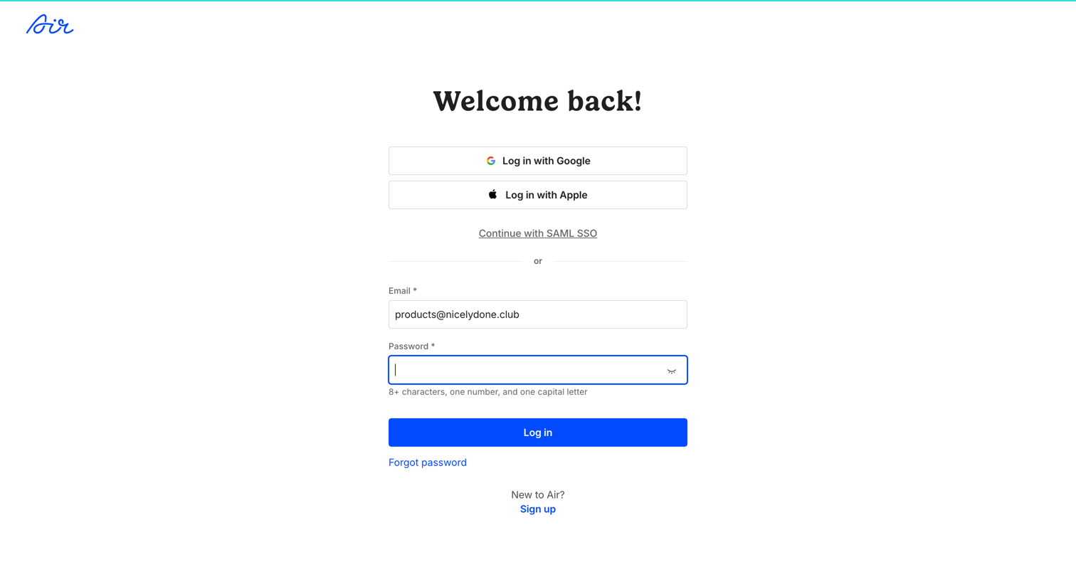 Air - Log in / Air screen