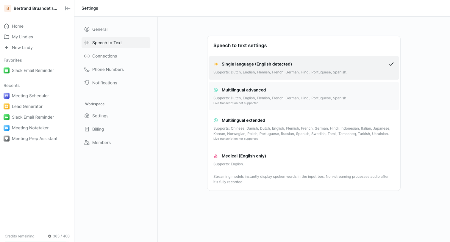 Lindy - Speech To Text Settings screen