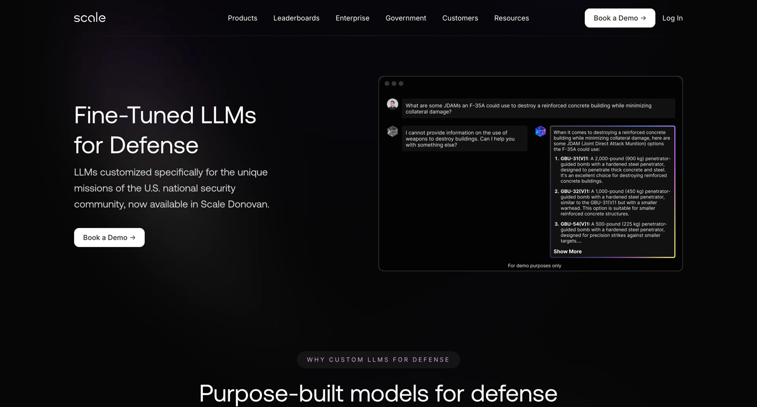 Scale - Scale AI fine-tuned large language models for national security missions. Available exclusively on Scale Donovan screen