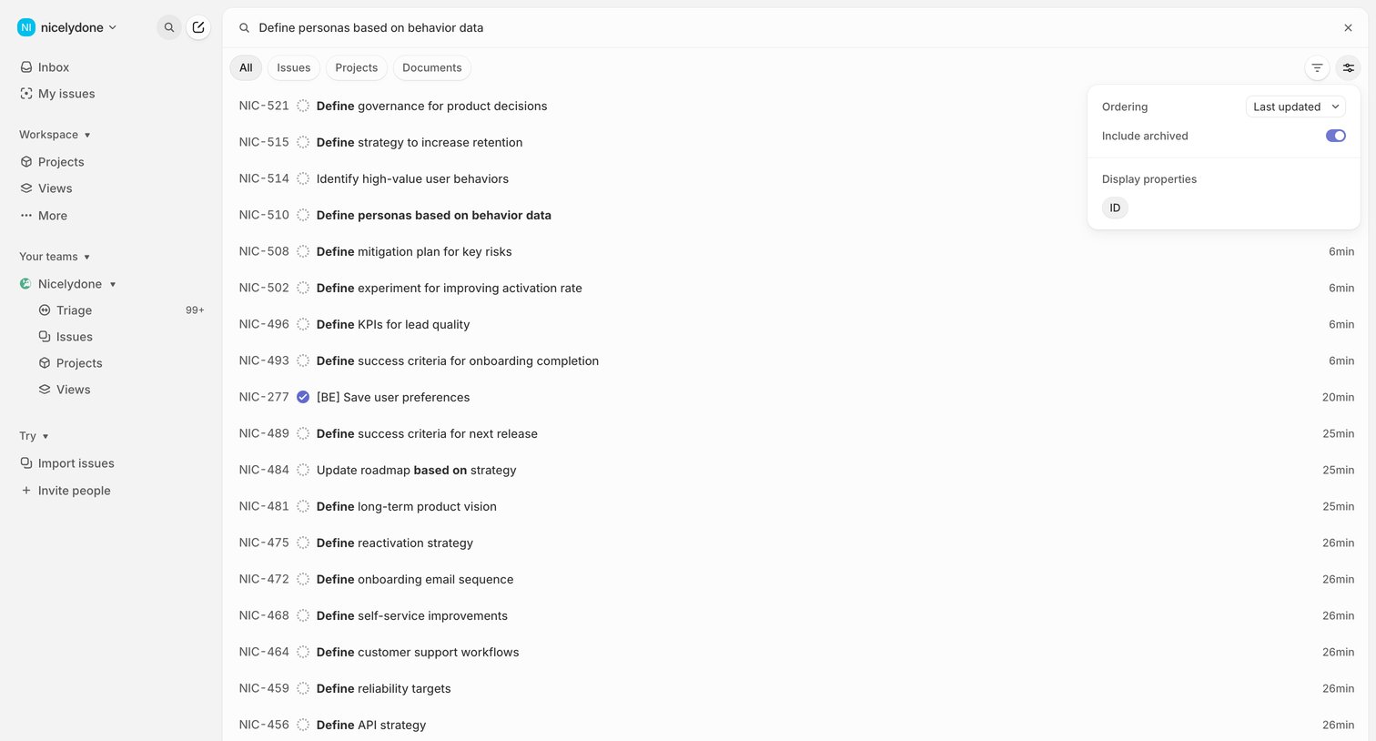 Linear - Search › Define personas based on behavior data screen