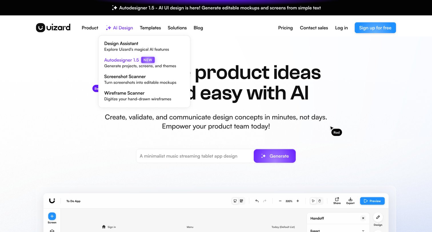 Uizard - Uizard | UI Design Made Easy, Powered By AI  Sign Up Free screen