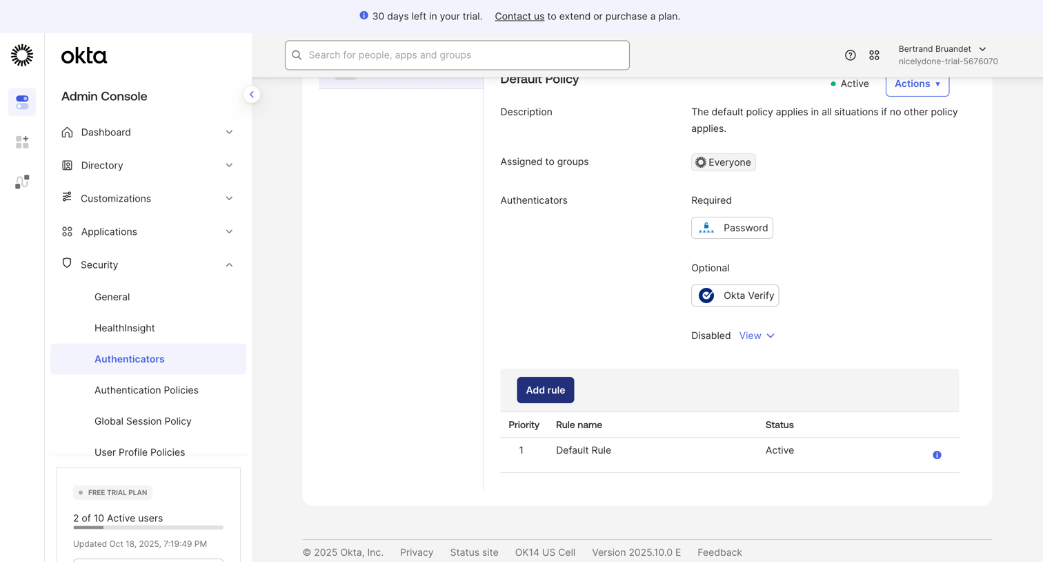 Okta - nicelydone-trial-5676070 - Authenticators screen
