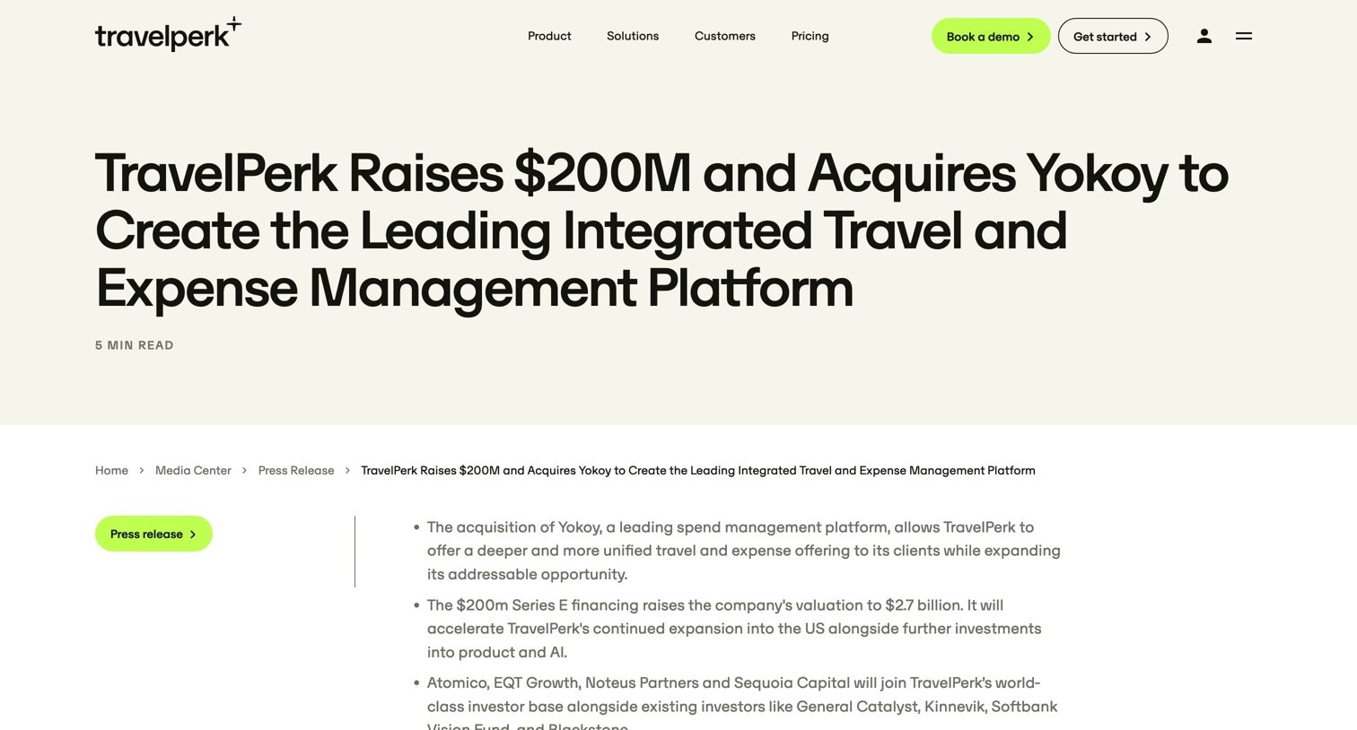Travelperk - TravelPerk Raises $200M and Acquires Yokoy to Create the Leading Integrated Travel and Expense Management Platform - TravelPerk screen