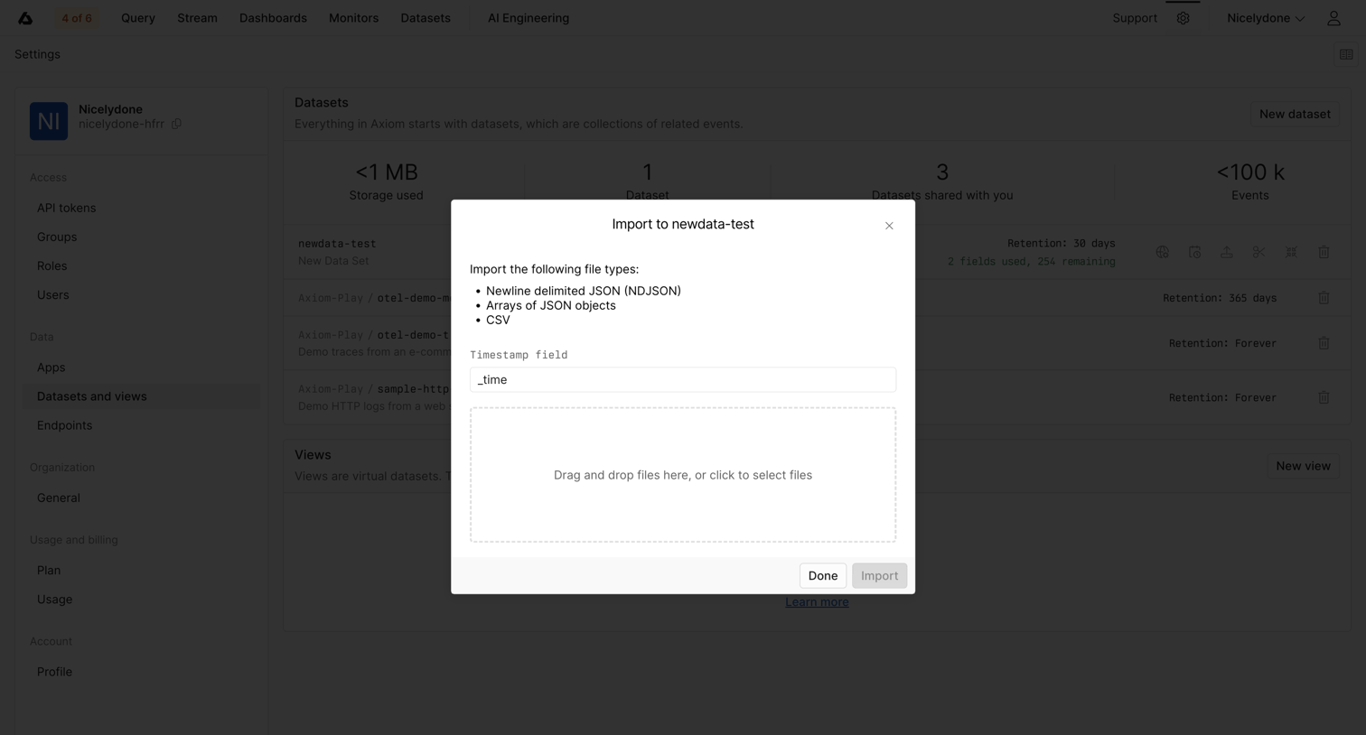 Axiom - Datasets and Views - Settings - Axiom screen