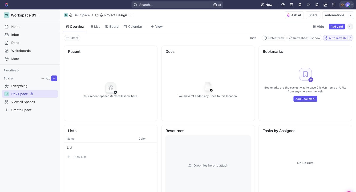 ClickUp - Project Design | Workspace 01 Overview screen