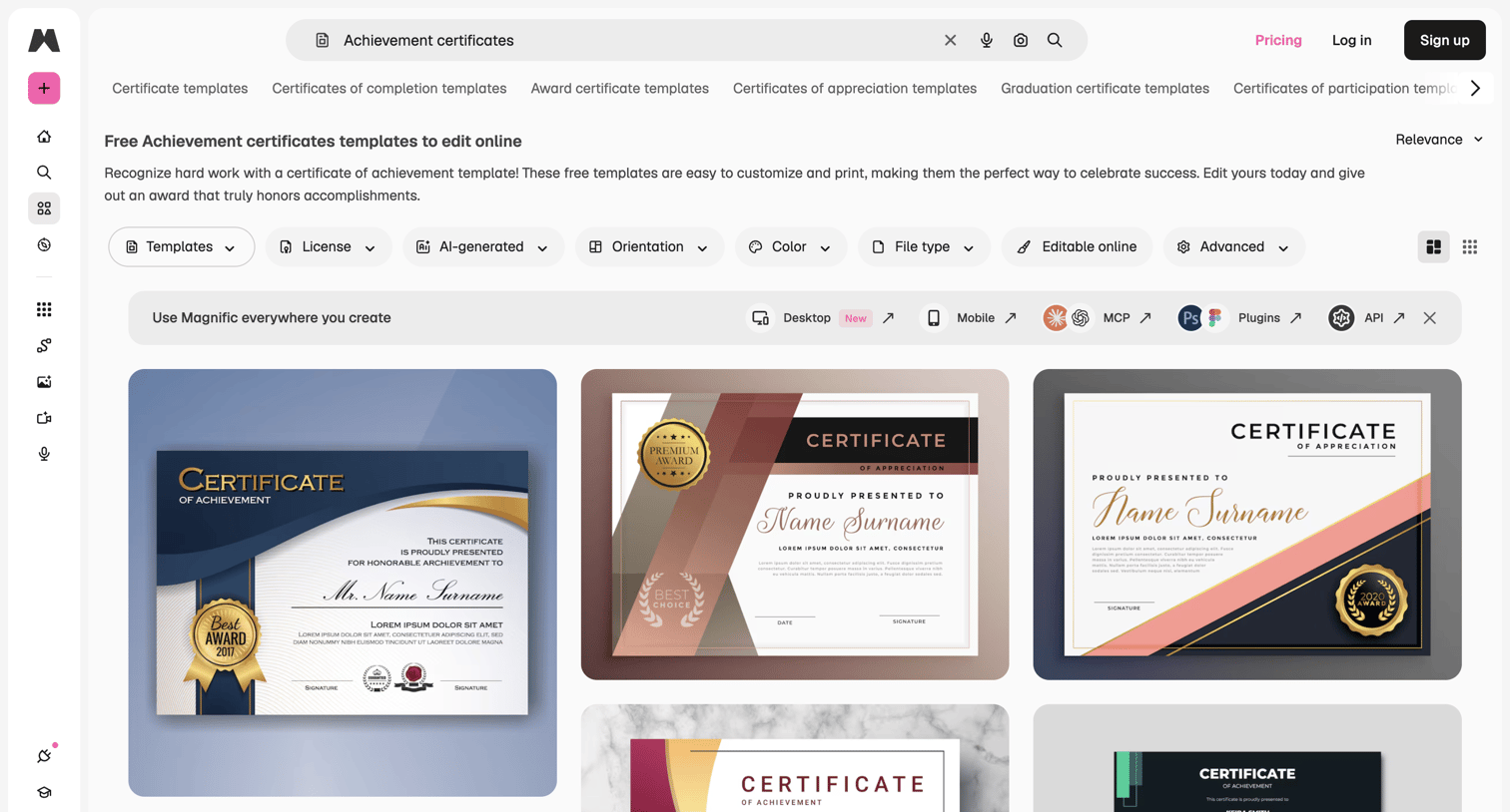 Magnific - Free Achievement certificates templates to design online | Magnific (formerly Freepik) screen