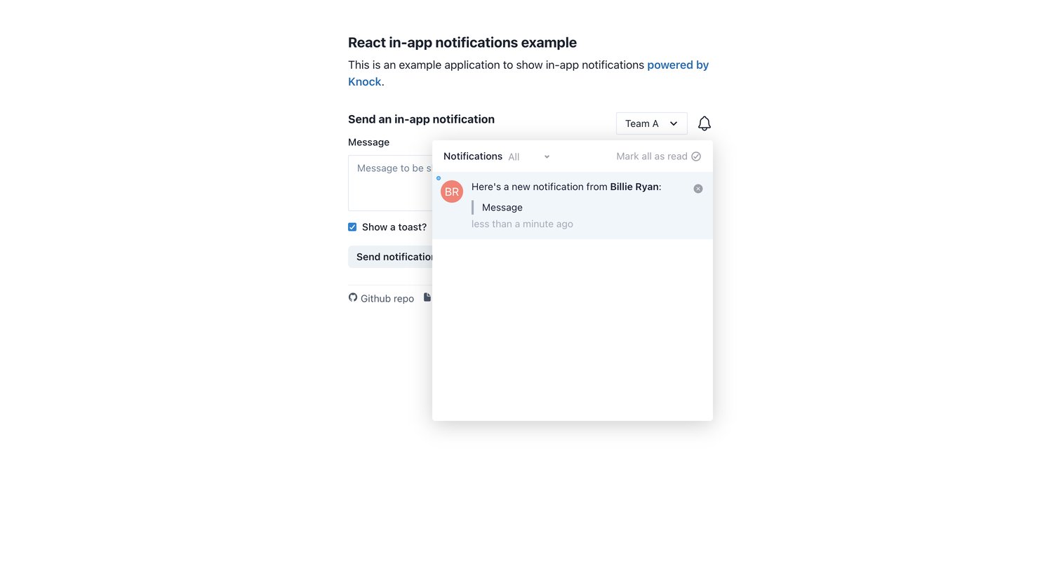 Knock - React in-app notifications example | Powered by Knock screen