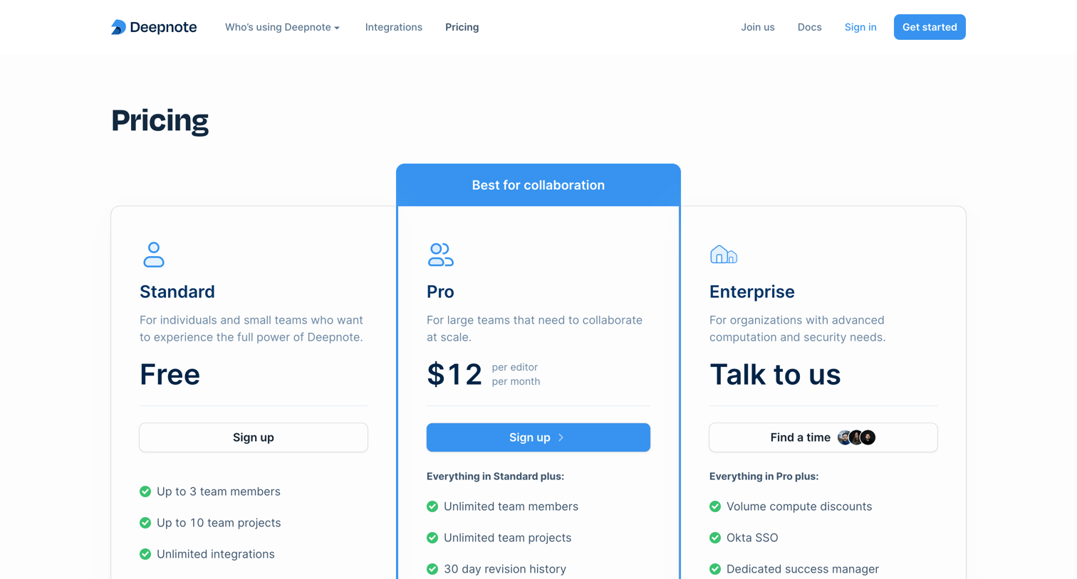 Deepnote - Deepnote pricing screen