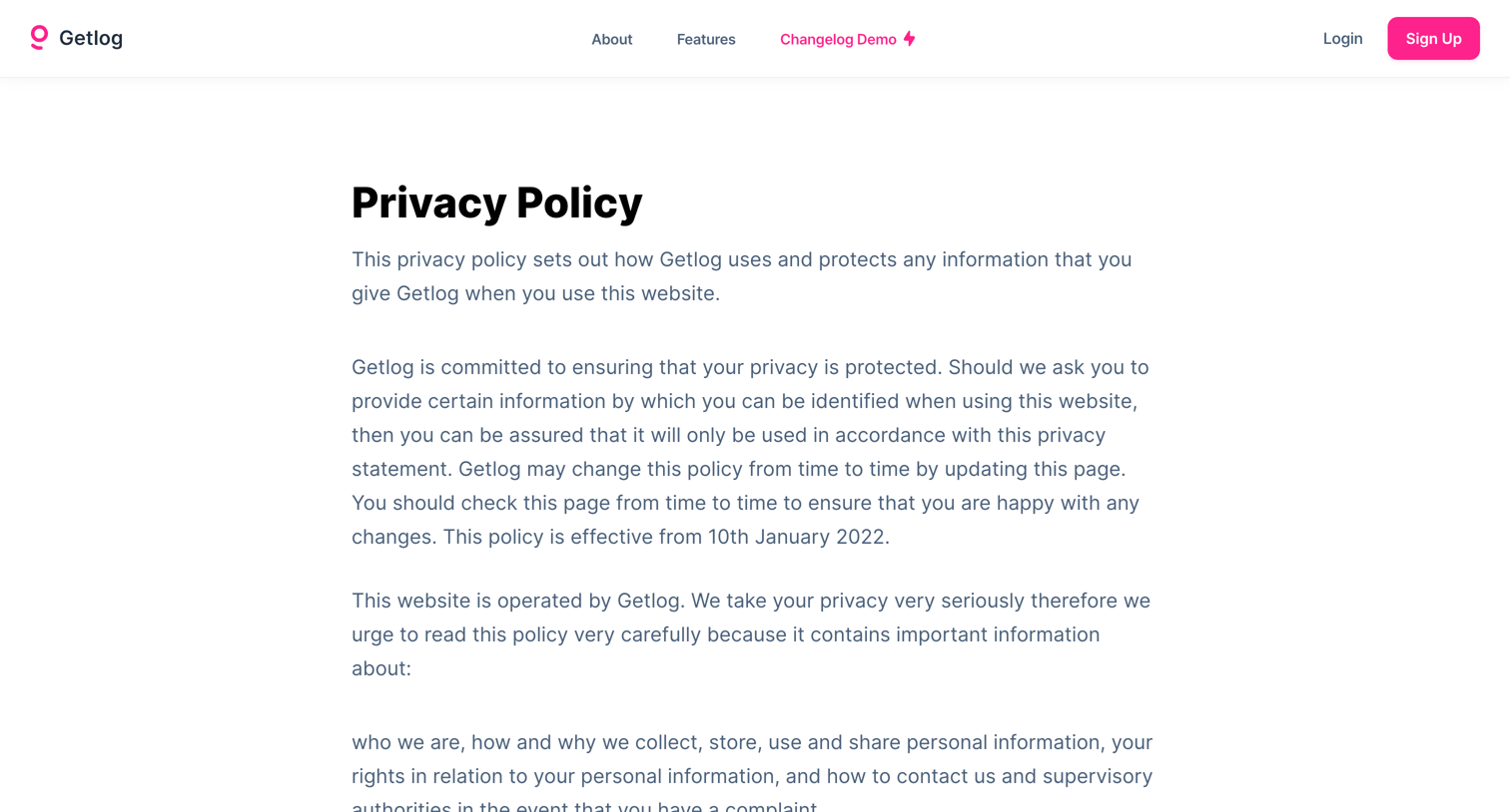 Getlog - Getlog - Privacy Policy screen