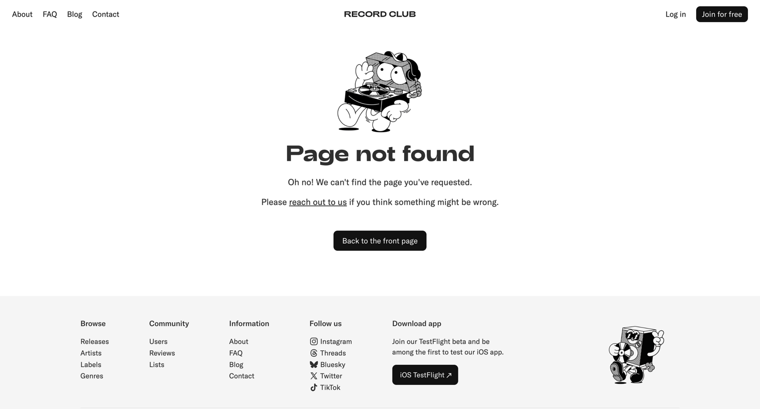Record club - Page not found – Record Club screen