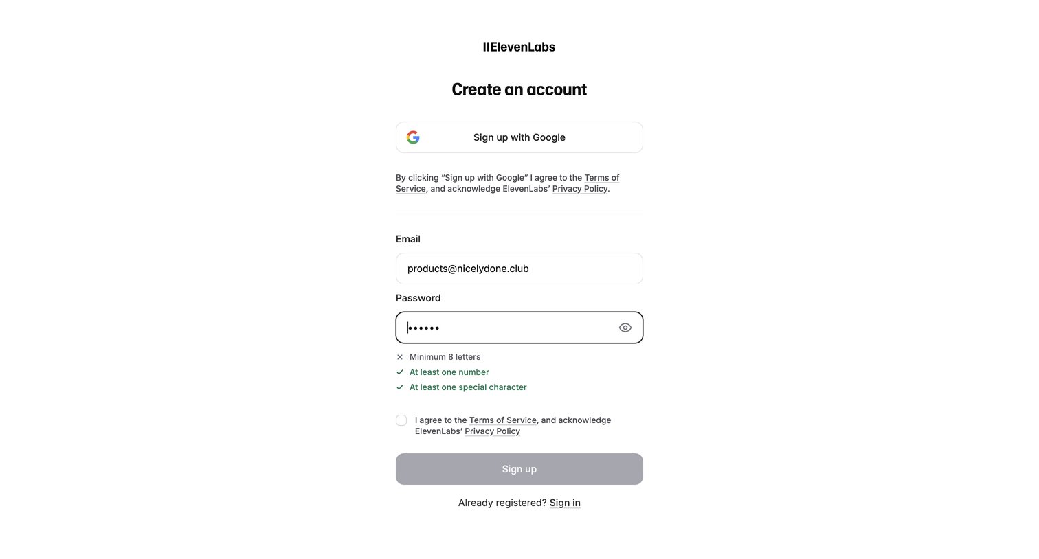 Elevenlabs - Sign Up | ElevenLabs screen