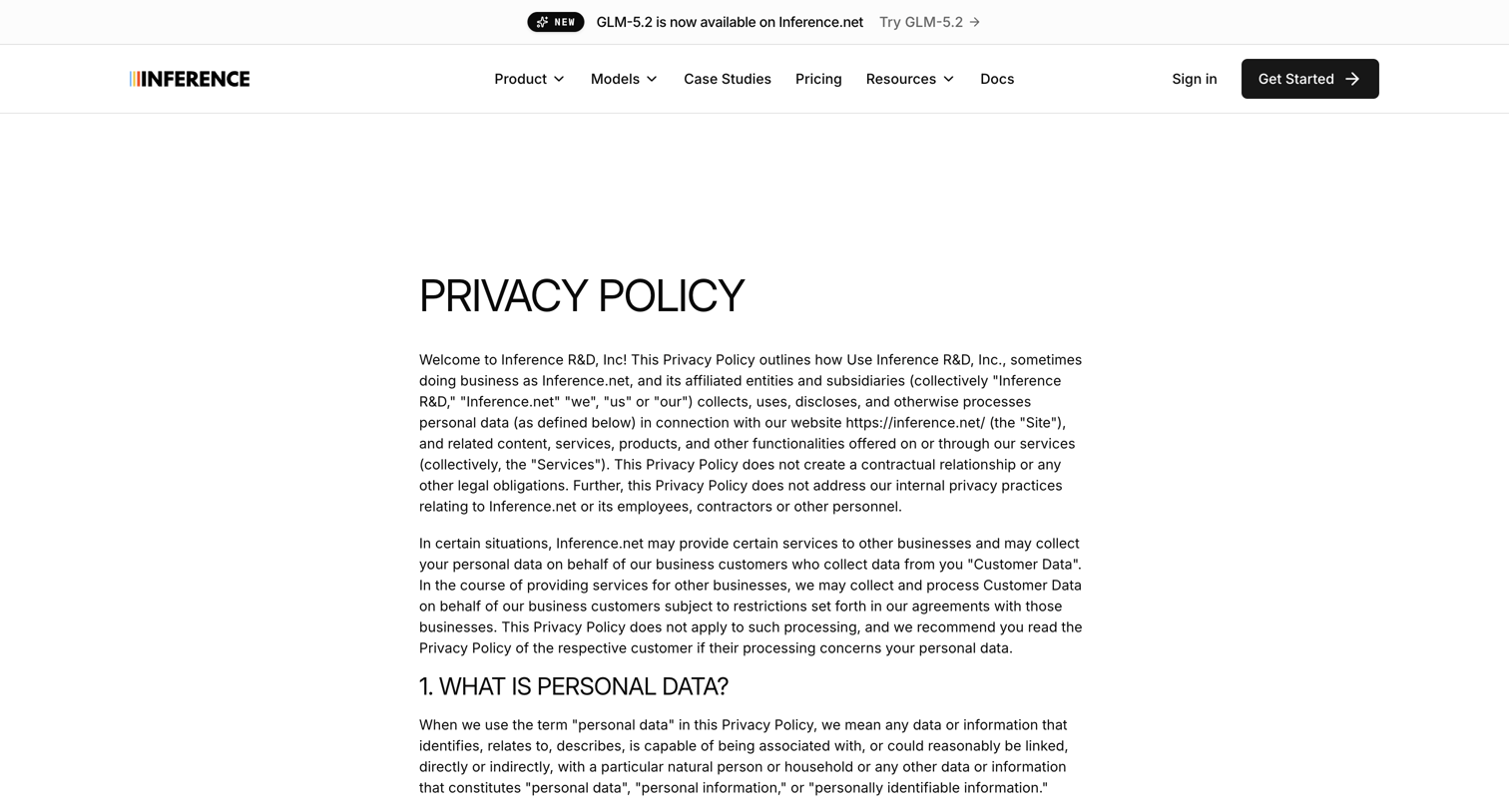 Inference - Privacy Policy | Inference.net screen