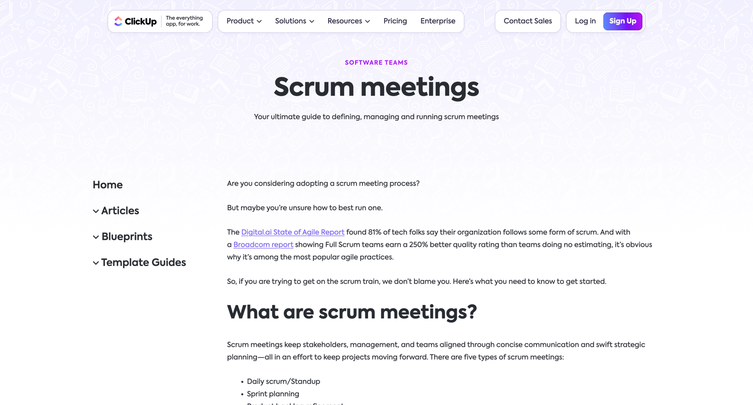 ClickUp - Scrum Meetings Guide Define, Manage | Run Daily Meetings screen